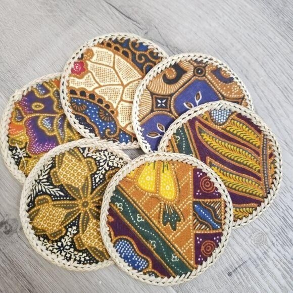 Handwoven Batik Table Mats & Coasters Set Of 12 - Natural & Multicolor Design - Picture 2 of 8